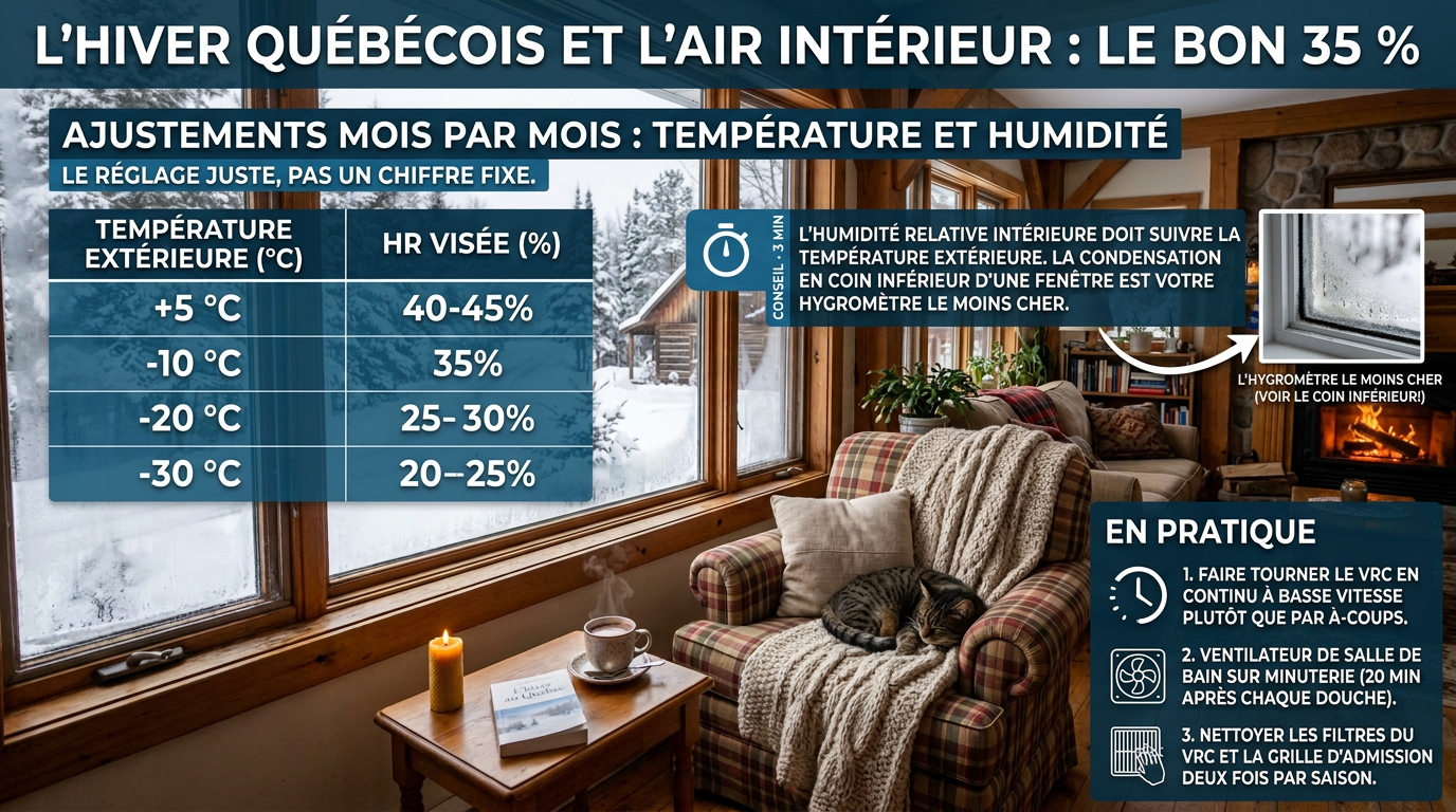 Infographie sur l'humidité intérieure en hiver québécois avec les cibles de température et les conseils de ventilation