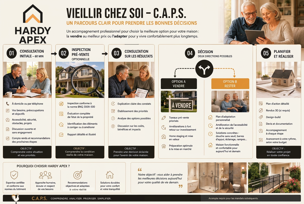Infographie Hardy Apex : les cinq étapes pour vieillir chez soi