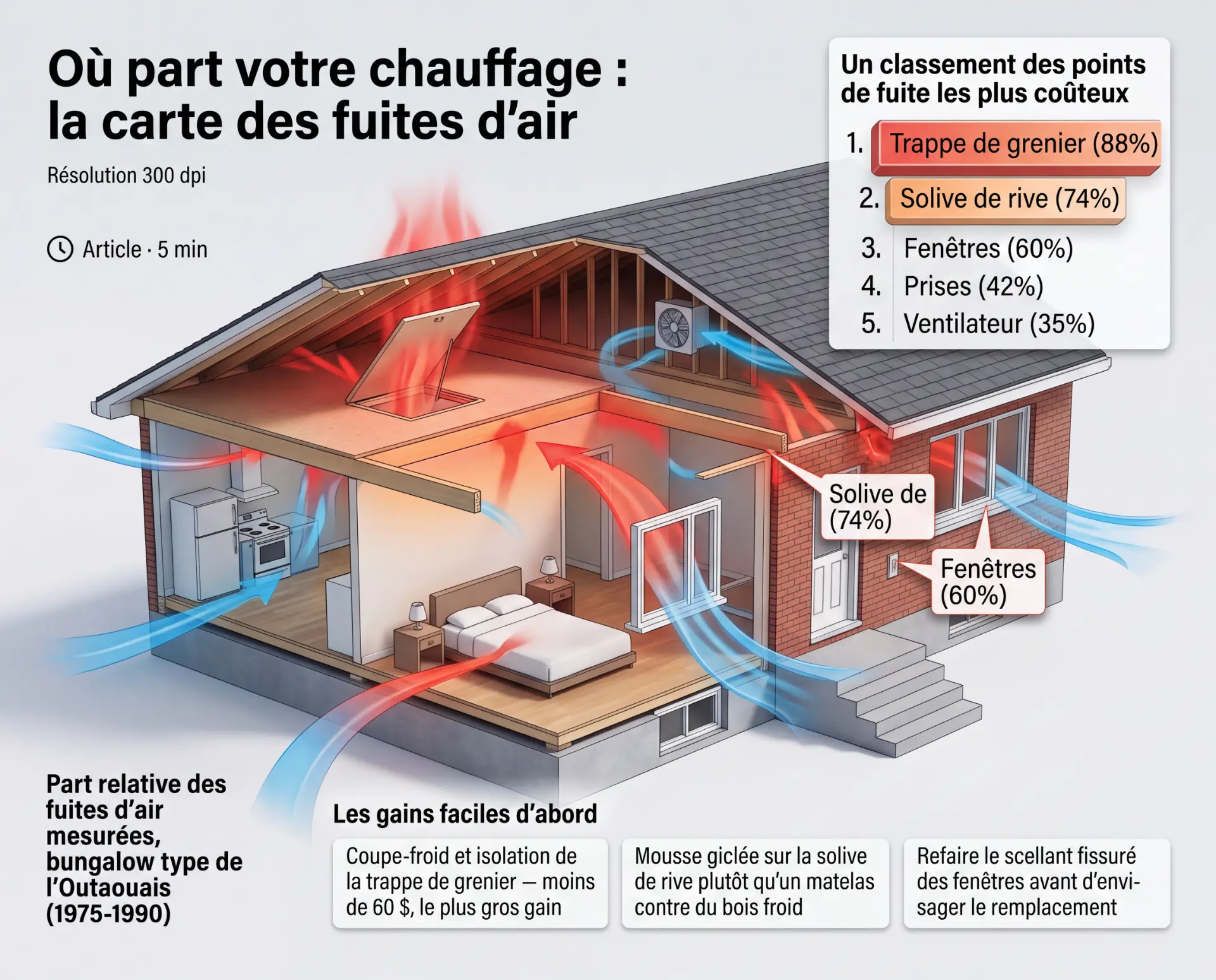 Infographie d’une maison en coupe montrant les points de fuite d’air les plus coûteux et les améliorations prioritaires.