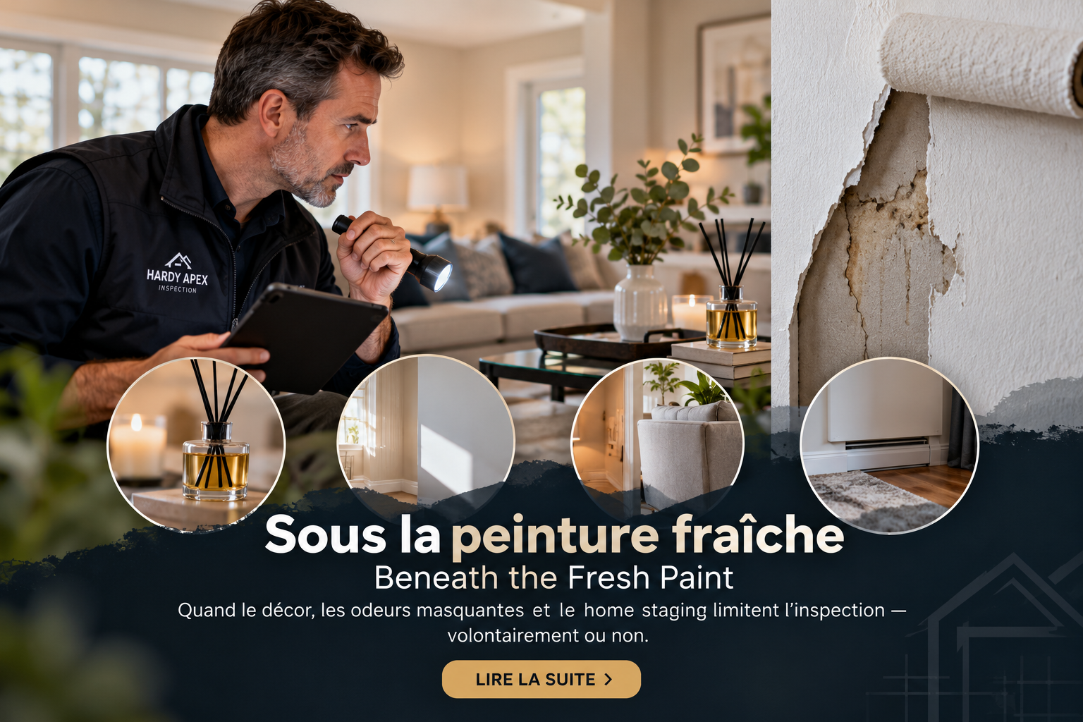 Inspecteur en bâtiment Hardy Apex dans une maison mise en scène à Ottawa–Gatineau, où peinture fraîche et décor peuvent masquer des indices lors d’une inspection préachat