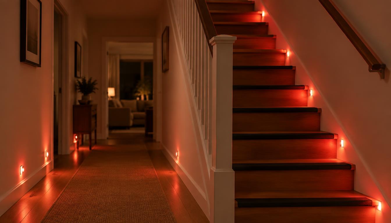 Couloir et escalier la nuit, éclairés par des veilleuses rouges et des bandes antidérapantes contrastées sur les marches