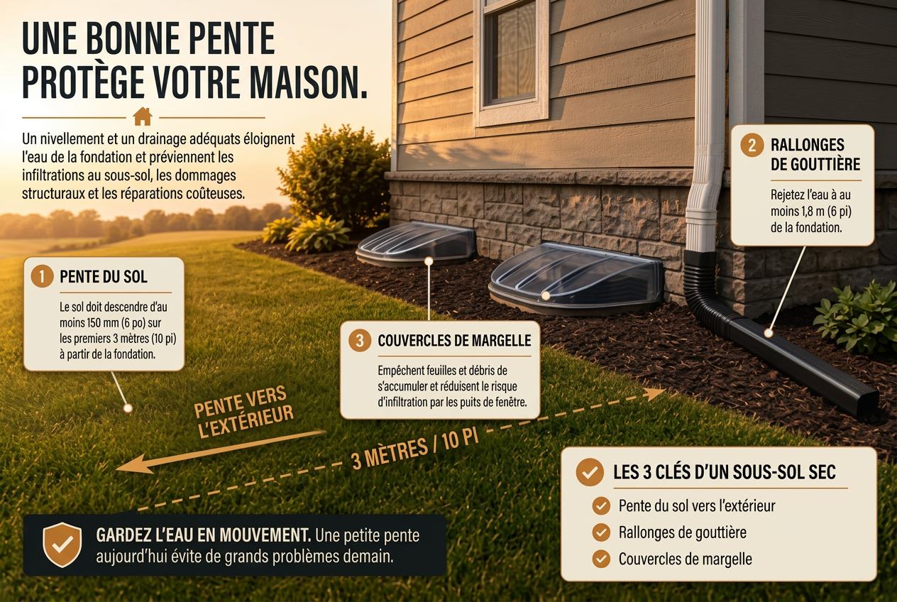 Schéma : une bonne pente protège votre maison — pente du sol, rallonges de gouttière, couvercles de margelle